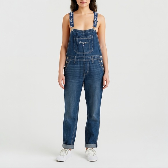 VINTAGE 90s Y2K TOMMY HILFIGER Tommy Jeans Spellout Cuffed Denim Overalls - Picture 1 of 15